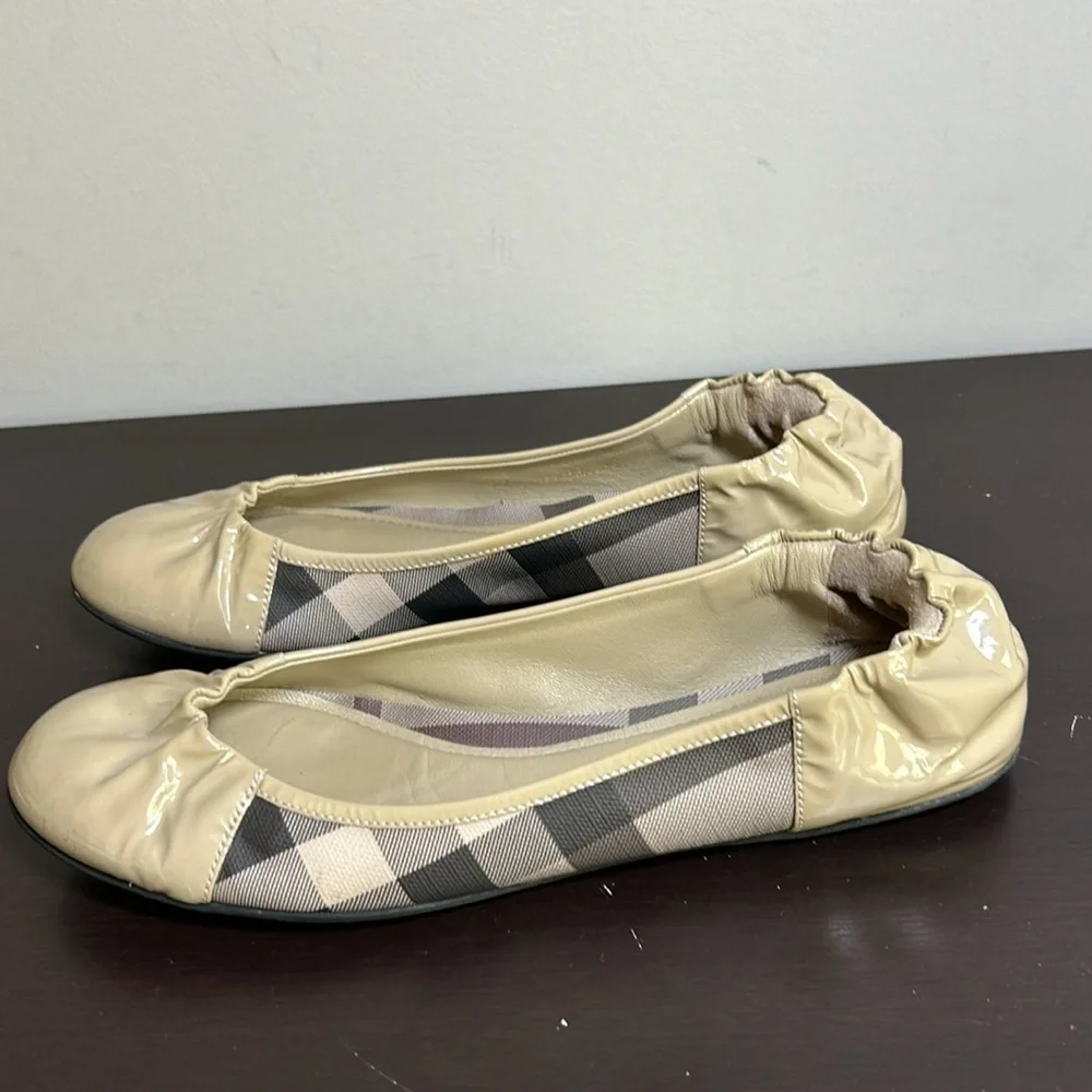 BURBERRY Nova Check Pattern Leather Ballet Flats Beige Rounded Toe Sz 39 US 9 - Picture 7 of 14